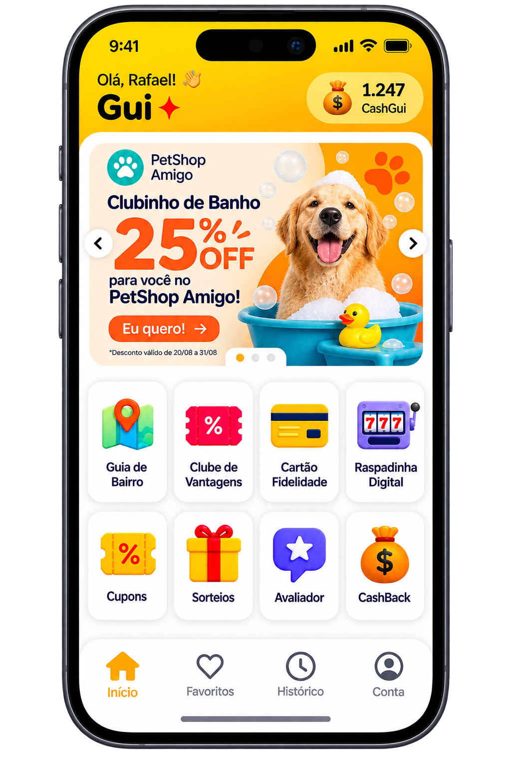 Aplicativo Gui com cartão fidelidade, vantagens e promoções